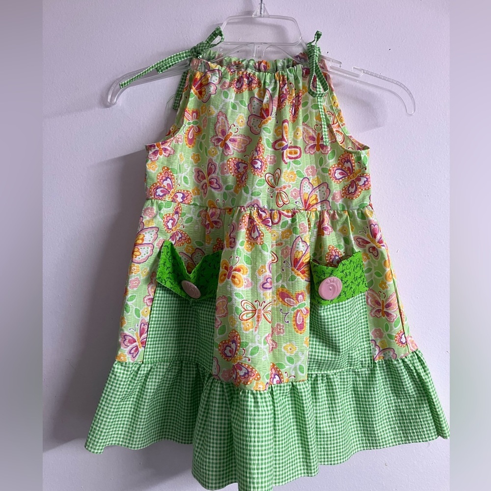 Girl’s Spring/Summer Sundress, Size 8, Handsewn, Gingham, Seersucker, Green/Pink